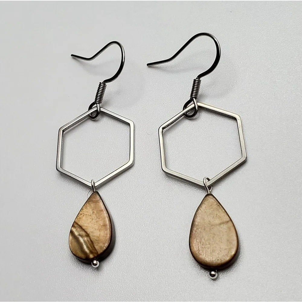 Modern Hexagon Earrings Brown Teardrop Shell Anti-Tarnish Stainless Steel Hooks